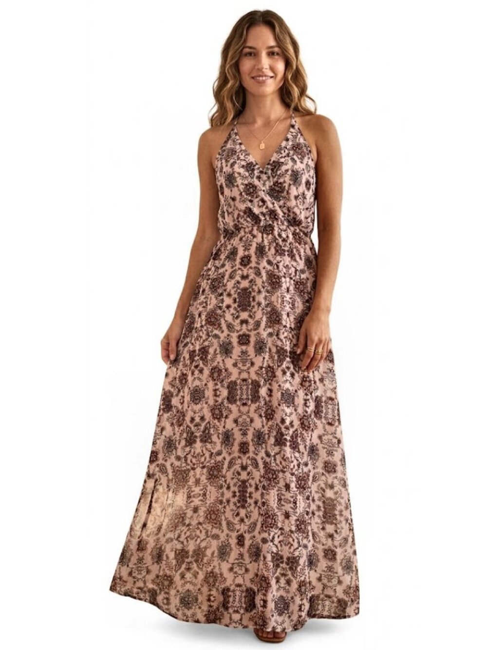 Lush Boho Floral Halter Maxi Dress, Blush Pink, Womens Size XS